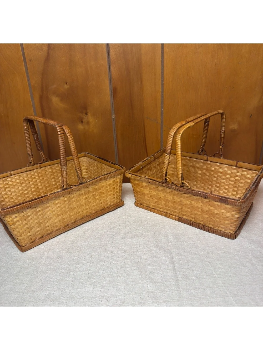 Vintage Woven Rattan Basket Rectangular Handled Storage Basket Boho Decor